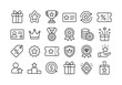 © Viacheslav - Loyalty Reward Line Series. Line icon set of loyalty rewards: gift box, star badge, trophy, loyalty card, redeem points, coupon, voucher, membership card, crown, medal, ribbon, coin, prize, discount