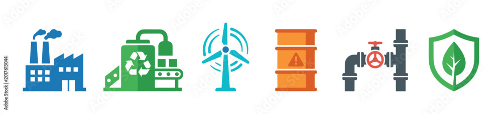 Set of colorful flat design icons for industry, showing a factory ...