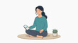 © Felippe Lopes - Woman meditating with phone in lotus pose on rug with potted plant vector style