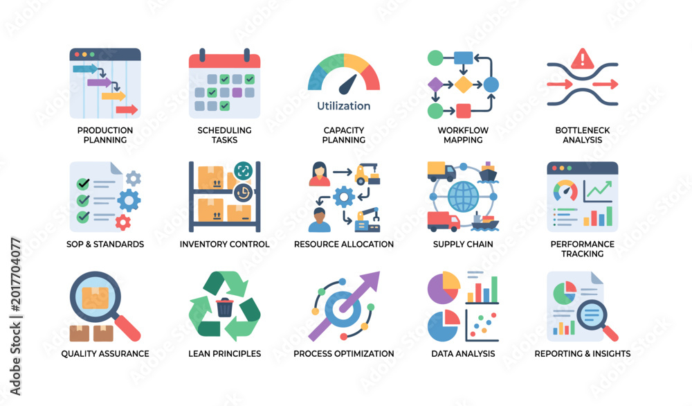 Production Overview Icon เวกเตอร์ Stock Production and operations icons for planning on white ...
