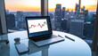 © SolaruS - Modern laptop with financial charts on a desk overlooking a sunset city skyline. Perfect for content on stock trading, global investment, data analysis, and corporate success concepts.