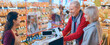 © Prostock-studio - Two customers are at a grocery store checkout talking to a cashier. They are smiling and sharing a light moment while surrounded by various products on display.