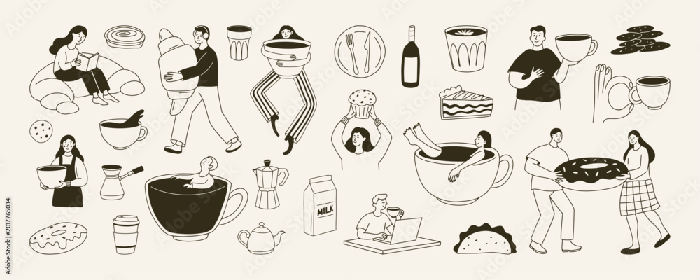 Hand drawn coffee and bakery illustration set in cute doodle style ...