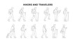 © feipco - Traveler and hiker character side view CAD drawing set, outdoor walking people with backpacks, trekking poles, luggage, and travel gear in minimal clean architectural line style