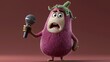 © Nataliia_Trushchenko - Cartoon character eggplant with a microphone singing on a solid background, featuring a round body, expressive eyes, and green leafy top