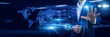 © CyberFrame - Professional touch modern virtual screen expanding B2B Business on global map networks. Commercial partnerships grow. Strategic corporate trade improves supply chain logistics daily.