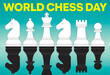 © Anim - World chess day celebration poster featuring white pieces and dark reflections.