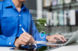 © Supatman - Compliance document approval and regulatory audit workflow concept. Businessman using laptop with verified, checkmark, legal icon, checklist, policy review, quality control, certificate, certification