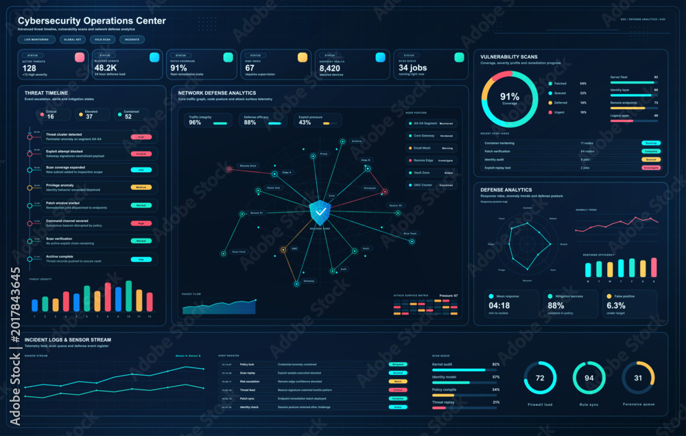 A professional HUD-style cybersecurity command center dashboard ...
