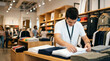 © mr_marcom - Smiling young man in white tee with lanyard adjusting shirts on display table in bright modern apparel store