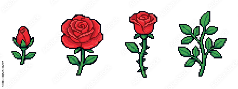 Red rose bud, blooming flower, and thorny stem with green leaves pixel ...