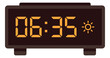 © Oksi - Flat illustration of a digital alarm clock displaying 06:35 with morning sun indicator for time and schedule design