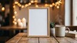 © Olga Ко - Mockup de quadro de madeira em branco sobre mesa rústica com xícara de café fumegante e luzes bokeh ao fundo.