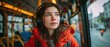 © Knot_Vain - Young woman with headphones on bus looks out window at rainy cityscape during commute