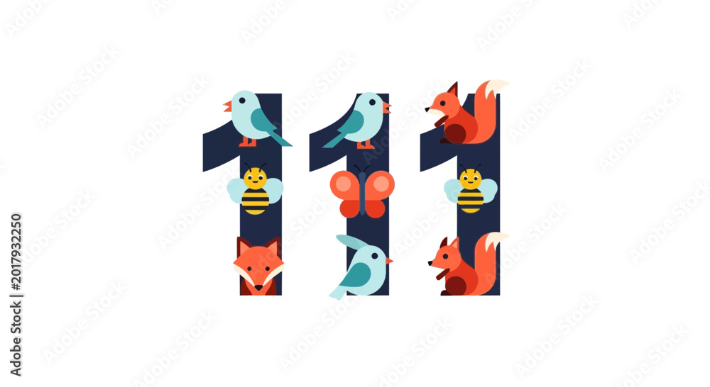 Cute Numbers 111 with Animals and Insects, Cartoon Style, White ...