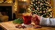 © Ayu - Hand holding steaming mulled wine with orange, star anise, and cinnamon sticks on a wooden surface, isolated on a transparent background, conveying a cozy festive holiday atmosphere.