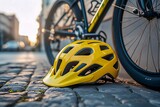 Yellow cycling helmet on urban street pavement with bicycle in background at sunset, focusing on safety gear and lifestyle.