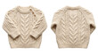 © MSTLIMA - Front and back view of a cozy white cable knit sweater with green cuffs and decorative buttons on the shoulder for a stylish winter fashion look for men or women isolated on transparent background