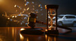 © ANDERSSON OLOF KARL - Judge gavel and hourglass on a desk with a blurred car accident background. Legal mallet and sand clock symbolizing insurance claim time limits. Justice concept for motor vehicle accident litigation.