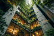 © Juri - Dramatic architectural view of a modern brutalist concrete structure surrounded by lush vertical gardens and greenery, showcasing a blend of nature and technology in an urban setting