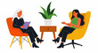 © DE SMET ELS MARIE - Therapist with clipboard consulting a young woman in a modern office. Two women having a conversation in colorful mid-century chairs. Mental health concept, ideal for wellness services marketing.