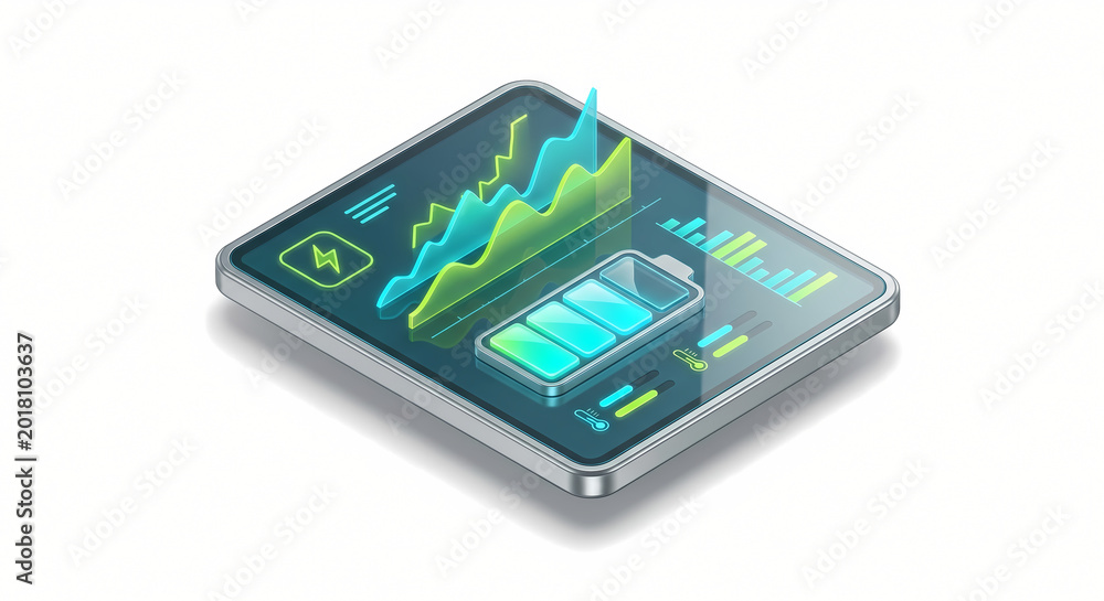 3D Isometric Next-Gen Battery and Energy Storage Icon BMS Dashboard ...