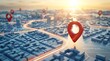© MHS-AI - Red location pins on a 3D stylized city map with glowing navigation routes and digital labels indicating active navigation modes for urban explorers and modern transit systems