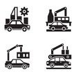 © BIBI - Black and white icons of cars being manufactured in a factory with industrial machines and equipment  industrial production line with robotic arms and gear  manufacturing process