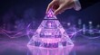 © AI - Hand placing top pyramid layer with connected people icon, representing organizational structure, teamwork, and successful business hierarchy with digital connections.