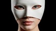 © Trushchenko_O - White mask covers face, leaving eyes and lips exposed. Soft gaze meets viewer, calm and mysterious. High contrast lighting highlights subtle facial features. Suitable for beauty, wellness