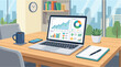© Ega - Laptop on a clean wooden desk displaying financial growth analytics with rising line charts and professional business data reports