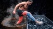 © D-point - Man moving between hot wooden tub and cold ice bath. Comparison of thermal therapy effects on blood circulation and leg muscles. Concept of contrast hydrotherapy and athlete recovery.