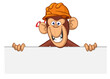 © drawkman - Cartoon monkey chimpanzee holding blank empty white paper and helmet. Vector illustration for Under Construction notice
