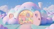 © Tejjaz - Maison pastel onirique avec porte en forme de cœur, paysage fantaisiste de style dessin animé