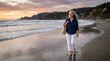 © Влада Яковенко - Confident Mature Woman Enjoying Peaceful Evening Walk on Scenic Beach, travel lifestyle scene, tourism, vacation, adventure and destination concepts, clean styling, soft natural light, crisp detail,