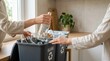 © Влада Яковенко - Woman hands putting empty glass bottle into recycling bin, sustainable living, waste sorting, eco habit, circular economy and clean home routine, commercial stock photography, authentic detail, fresh