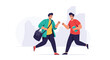 © Abul - Two energetic young men in casual attire run towards each other to greet with a high five against a city backdrop.