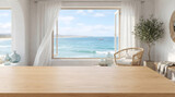 Wooden table top background for product display in Mediterranean beach house interior with window sea view