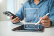© Custard Pixel - Digital document signing on tablet person using stylus for electronic signature approval secure online contracts paperless workflow and modern business verification.