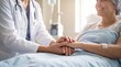 © Zabi - Compassionate doctor holding hands of cancer patient in hospital bed, medical care and support