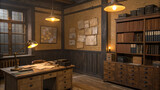 Vintage wooden office desk inside a dimly lit detective study room