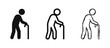 © drawing lines - Elderly Person with Walking Stick Icons Set, Aging and Healthcare Symbols