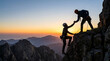 © Tromistudio  - Two male climbers helping each other on a mountain cliff at sunset with a scenic view