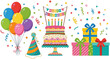 © certifiednerver - Flat vector birthday party set. Colorful balloons, birthday cake with candles, confetti, party hat, gift boxes. Festive on white background.