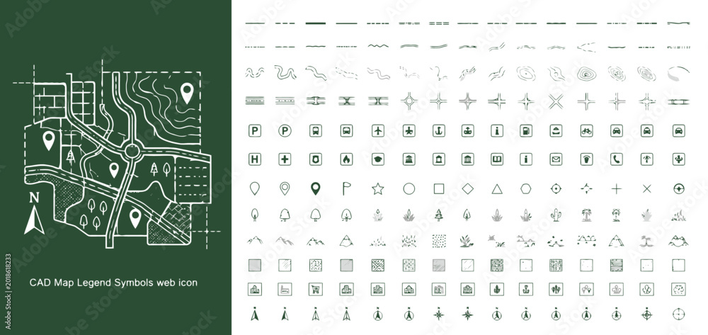 CAD Map Legend Symbols and Topographic Navigation Vector Icon Set for ...