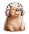 © MariArtiPaint - Cute Capybara Wearing Headphones Listening to Music, Hand Drawn Illustration with Musical Notes on White Background
