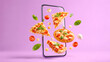 © Ina Krel - 3D smartphone pizza delivery concept with floating slices on a purple background.