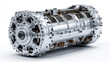 © JB - High detail transparent electric motor isolated on white background, futuristic engineering render featuring advanced automotive drivetrain technology, precision mechanical components and industrial