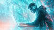 © Afan - Hacker working on laptop with futuristic digital background.