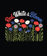 © MdBijoyAli - A charming patriotic floral illustration featuring a vibrant array of red, white, and blue flowers with green leaves, celebrating with 'Red, White & Bloom' text.